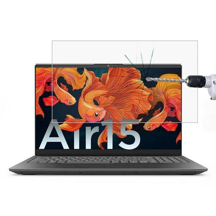 HD Tempered Glass Protective Film for Lenovo Laptops on Lenovo Air15 screen showing drill impact resistance and clear anti-glare protection