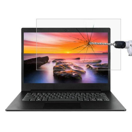 HD Tempered Glass Protective Film for Lenovo Laptops showing clear screen protection against drill impact and scratches