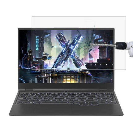HD Tempered Glass Protective Film for Lenovo Laptops showing drill impact resistance on Legion laptop screen