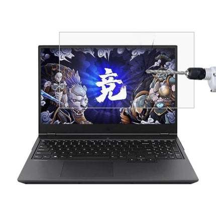 HD Tempered Glass Protective Film for Lenovo Laptops showing clear screen shield on Lenovo laptop resisting drill and scratches