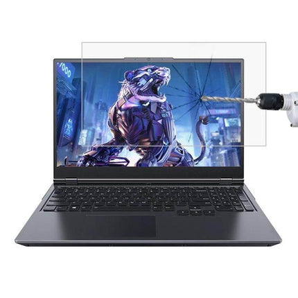 HD Tempered Glass Protective Film for Lenovo Laptops installed on laptop screen showing cracked glass protection from drill impact