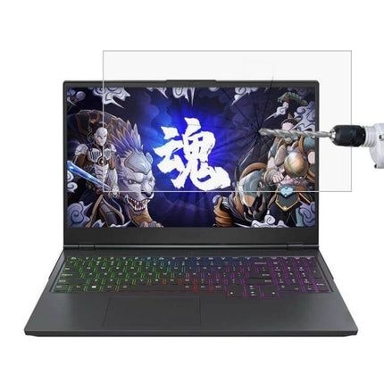 HD Tempered Glass Protective Film for Lenovo Laptops shown on gaming laptop screen guarding against scratches and glare