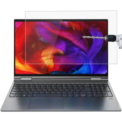 HD Tempered Glass Screen Protector for 15.6 Inch Laptops showing drill impact resistance and clear anti-glare protection on laptop display