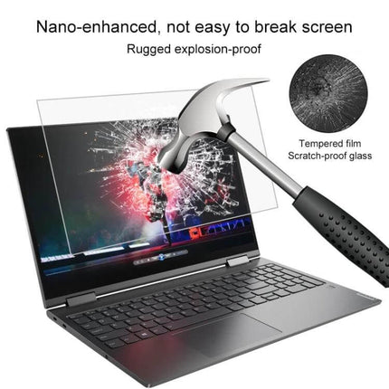 HD Tempered Glass Screen Protector for 15.6 Inch Laptops showing hammer impact resistance and anti-scratch clarity