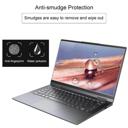 HD Tempered Glass Screen Protector for 15.6 Inch Laptops showing anti-smudge, anti-fingerprint and water-resistant benefits on laptop display