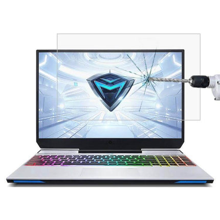 HD Tempered Glass Screen Protector for 15.6 Inch Laptops on gaming laptop showing anti-scratch drill test, clear view and fingerprint reduction