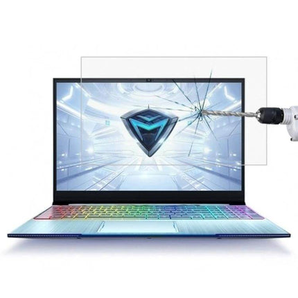 HD Tempered Glass Screen Protector for 15.6 Inch Laptops showing drill impact resistance and clear display protection