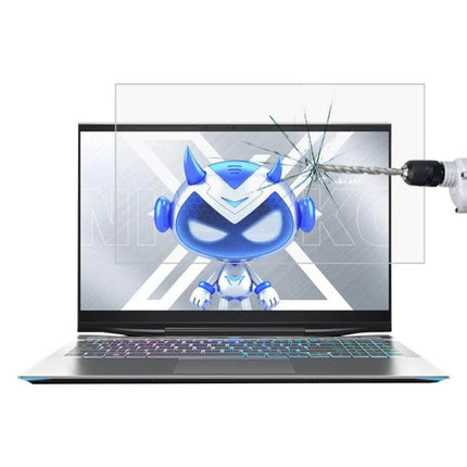 HD Tempered Glass Screen Protector for 15.6 Inch Laptops shown on gaming laptop with drill impact resisting scratches and anti-glare protection