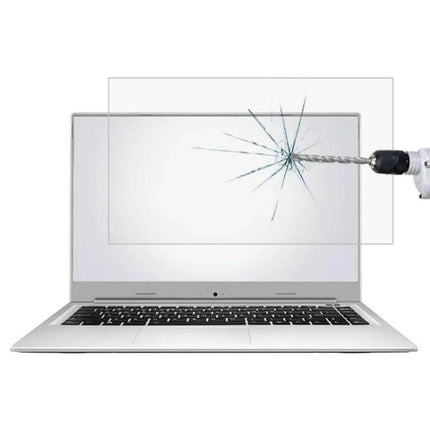 HD Tempered Glass Screen Protector for 15.6 Inch Laptops showing drill impact resistance and anti-scratch protection on laptop display