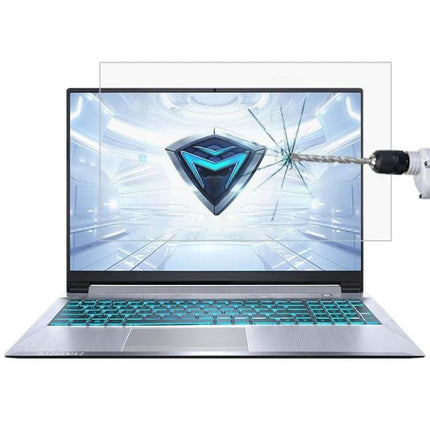 HD Tempered Glass Screen Protector for 15.6 Inch Laptops installed on laptop showing drill impact resistance and anti-scratch protection