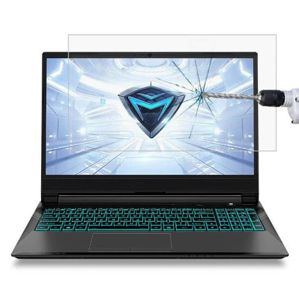 HD Tempered Glass Screen Protector for 15.6 Inch Laptops on gaming laptop showing drill impact resistance and clear anti-glare protection