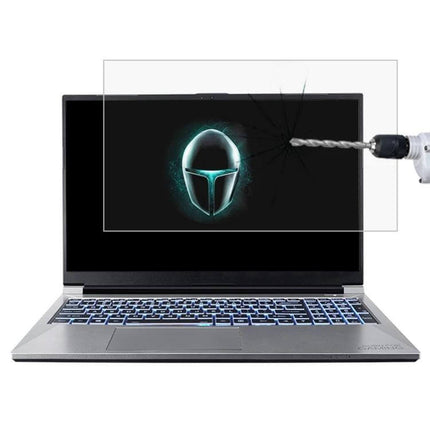 HD Tempered Glass Screen Protector for 15.6 Inch Laptops shown protecting a laptop display from drill impact and scratches