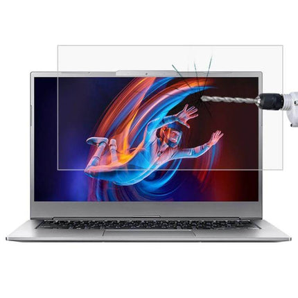 HD Tempered Glass Screen Protector for 15.6 Inch Laptops showing clear display, anti-scratch drill-resistant protection and reduced reflections