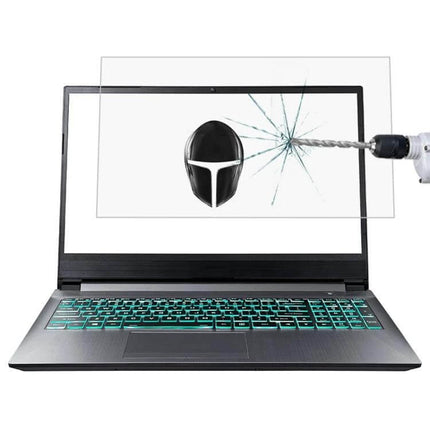 HD Tempered Glass Screen Protector for 15.6 Inch Laptops showing drill impact resistance and anti-glare protection on laptop screen