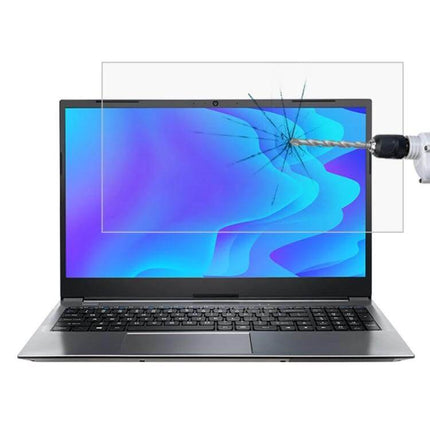 HD Tempered Glass Screen Protector for 15.6 Inch Laptops showing drill impact resistance and clear anti-glare protection