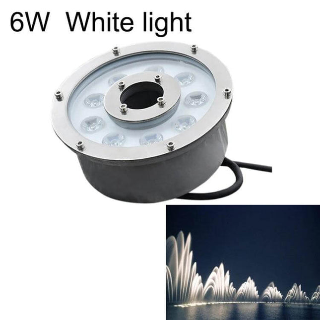Landscape Ring LED Underwater Fountain Light Aluminum Body showcased 6W white LED ring with die-cast aluminum body and stainless cover for pond and fountain accents