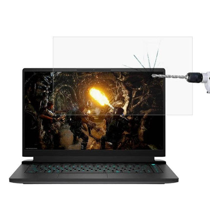 Alienware 15.6 Inch Laptop Screen Tempered Glass Protector installed on laptop showing drill impact resistance and glare reduction