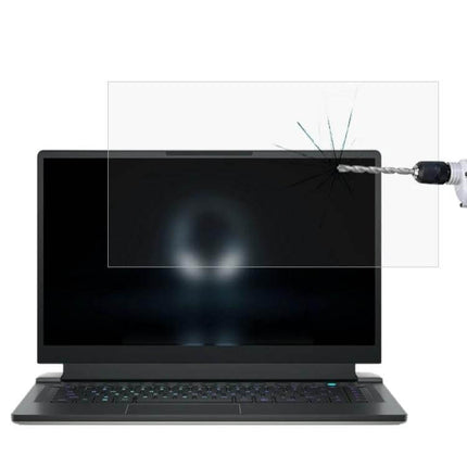Alienware 15.6 Inch Laptop Screen Tempered Glass Protector installed on laptop showing drill impact resistance and full-screen coverage