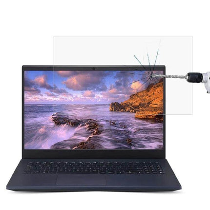Tempered Glass Screen Protector for 15.6 Inch Laptops showing anti-glare, anti-fingerprint protection with impact resistance demonstration