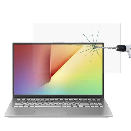 Tempered Glass Screen Protector for 15.6 Inch Laptops shown protecting laptop screen from drill impact, reducing glare and fingerprints