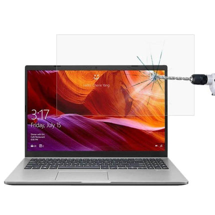 Tempered Glass Screen Protector for 15.6 Inch Laptops applied to laptop screen showing drill impact resistance