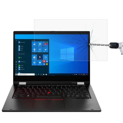 Tempered Glass Screen Protector for ThinkPad 13.3-Inch Laptops showing drill impact resistance and anti-glare clarity