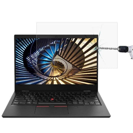 Tempered Glass Screen Protector for ThinkPad 13.3-Inch Laptops showing drill impact resistance and anti-glare protection