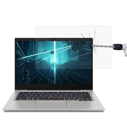 Tempered Glass Screen Protector for ThinkPad 13.3-Inch Laptops shown protecting a laptop display from drill impact and reducing glare