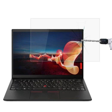 Tempered Glass Screen Protector for ThinkPad 13.3-Inch Laptops showing anti-glare, fingerprint-resistant protection with drill-impact demonstration