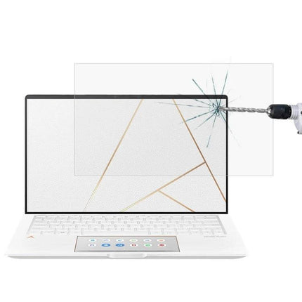 HD Tempered Glass Screen Protector for 13.3-Inch Laptops installed on laptop showing drill impact resistance and anti-glare protection