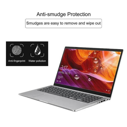 HD Tempered Glass Screen Protector for 13.3-Inch Laptops on silver laptop showing anti-smudge, anti-fingerprint protection and water beading