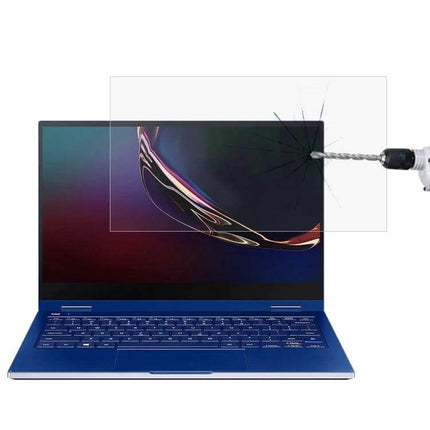 HD Tempered Glass Screen Protector for 13.3-Inch Laptops shown protecting laptop screen from drill impact and scratches