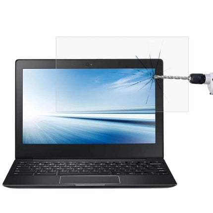 HD Tempered Glass Screen Protector for 13.3-Inch Laptops shown on a laptop with drill impact resisting scratches and reducing glare