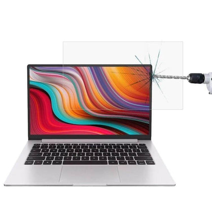 HD Tempered Glass Screen Protector for 13.3-Inch Laptops on laptop showing drill impact protection and anti-glare, scratch- and fingerprint-resistant shield