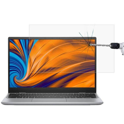 HD Tempered Glass Screen Protector for 13.3 Inch Laptops showing drilled impact resisting coverage and anti-glare protection