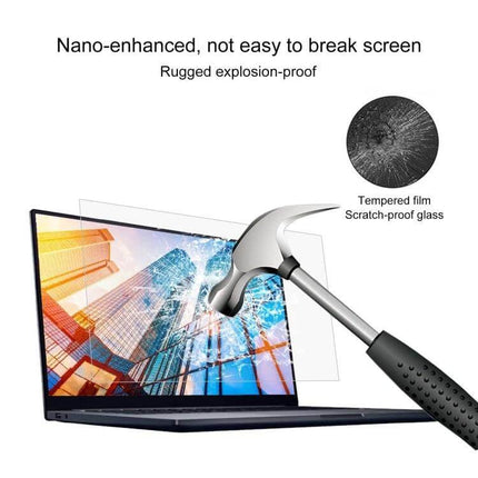 HD Tempered Glass Screen Protector for 13.3 Inch Laptops showing hammer impact protection, anti-glare and fingerprint reduction
