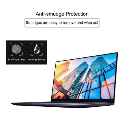 HD Tempered Glass Screen Protector for 13.3 Inch Laptops on laptop displaying anti-smudge, anti-fingerprint protection and glare reduction