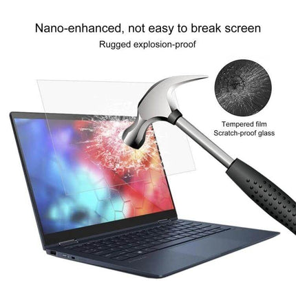 Tempered Glass Screen Protector for HP 13.3 Inch Laptops - hammer impact test showing anti-shatter, anti-glare clear protection