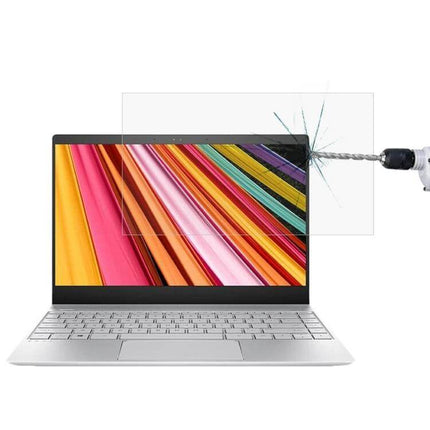 Tempered Glass Screen Protector for HP 13.3 Inch Laptops shown protecting laptop screen from drill impact, anti-glare high transparency