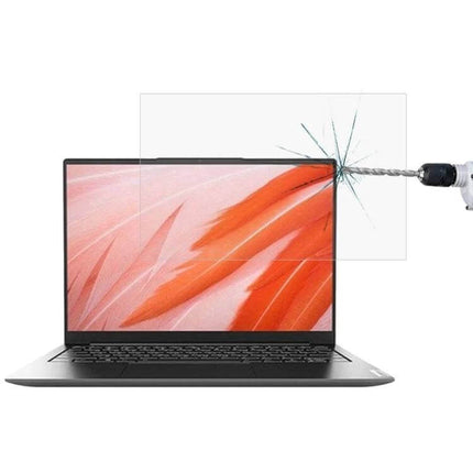 HD Tempered Glass Screen Protector for Lenovo Yoga 13.3 Inch Laptops showing drill impact resistance and anti-glare protection