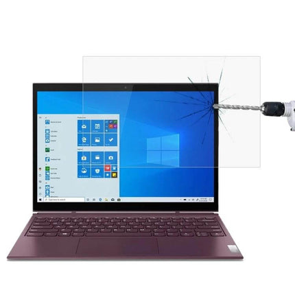 HD Tempered Glass Screen Protector for Lenovo Yoga 13.3 Inch Laptops showing drill impact resistance and clear anti-glare protection