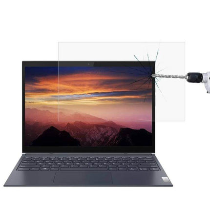 HD Tempered Glass Screen Protector for Lenovo Yoga 13.3 Inch Laptops shown protecting a laptop screen from a drill impact to prevent cracks and fingerprints