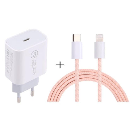 Compact Travel Charger Set for On-the-Go Device Power Needs — white PD 20W USB-C wall charger with pink braided USB-C to Lightning cable