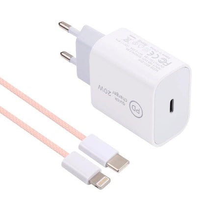 Compact Travel Charger Set for On-the-Go Device Power Needs – white PD 20W USB-C wall charger with dual braided USB-C to Lightning cables