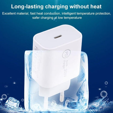 Compact Travel Charger Set for On-the-Go Device Power Needs - white PD fast charger cube shown with ice to imply cool, long-lasting charging