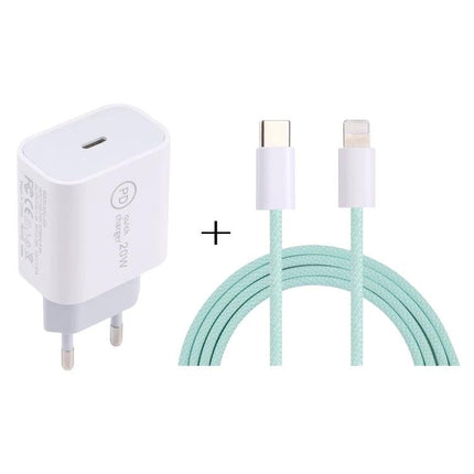 Compact Travel Charger Set for On-the-Go Device Power Needs showing white PD wall adapter and mint braided USB-C to Lightning cable