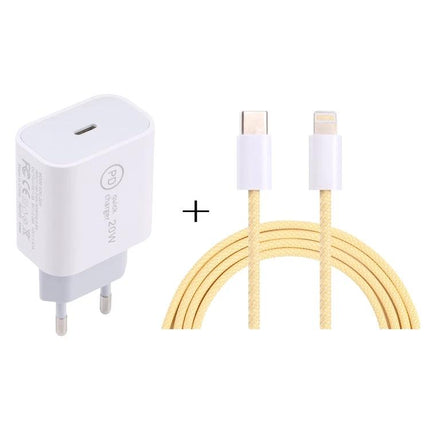 Compact Travel Charger Set for On-the-Go Device Power Needs - white 20W PD wall charger with gold braided USB-C to Lightning cable