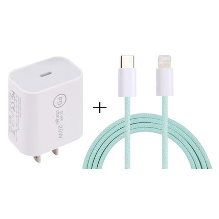Compact Travel Charger Set for On-the-Go Device Power Needs - white 20W PD wall charger with mint braided USB-C to Lightning cable
