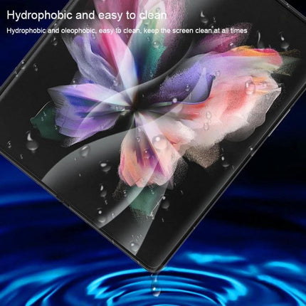 Hydrogel Screen Protector for Samsung Foldables, Explosion-Proof showing water beading and hydrophobic protection on curved Galaxy foldable display
