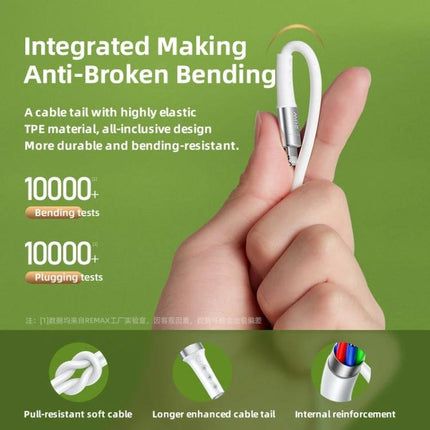 REMAX USB to USB-C Cable for Daily Device Charging Needs shows anti-broken bending, pull-resistant soft cable and reinforced connector for reliable charging